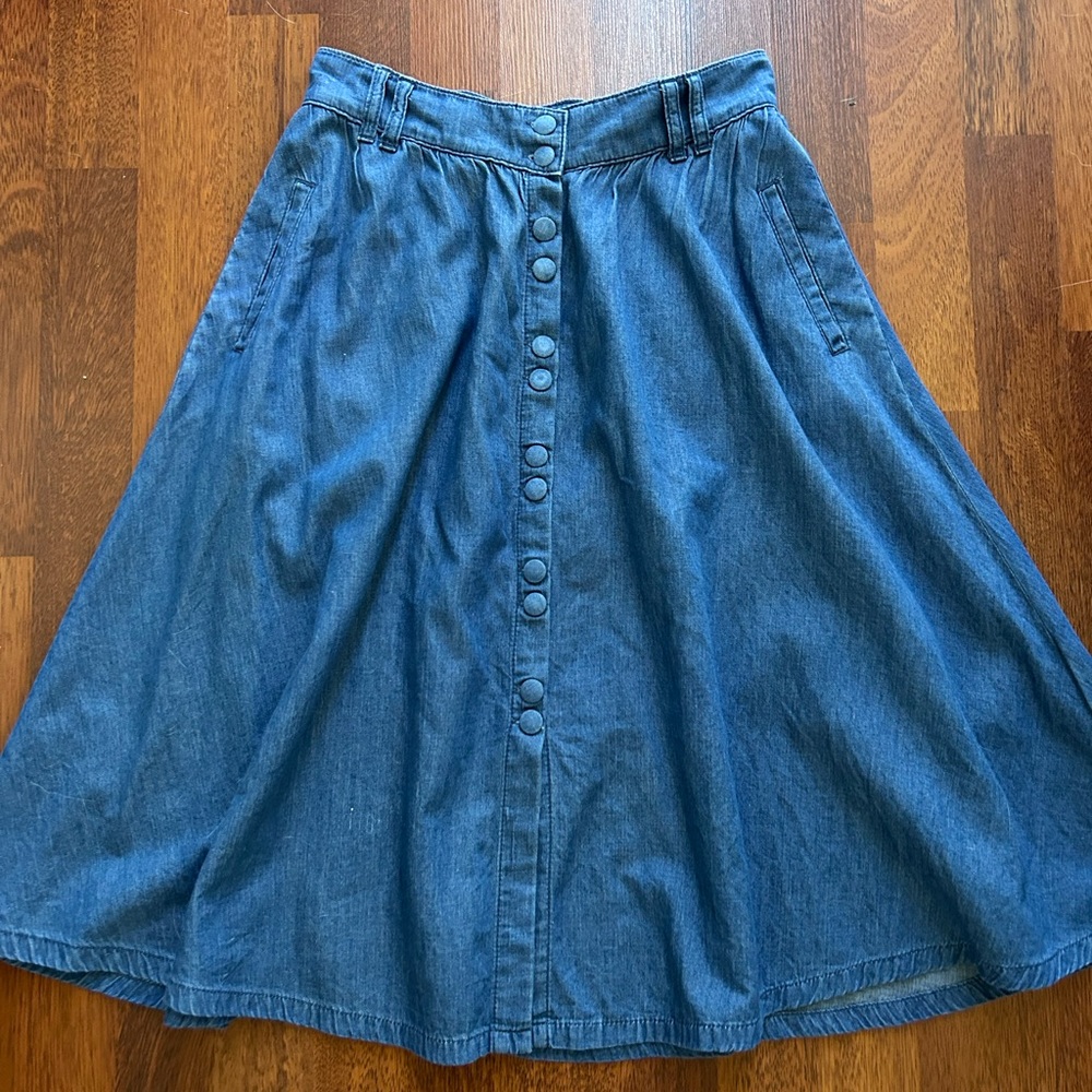 Zara Front Buttons Midi A-Line Fit & Flare Denim Skirt w/ Pocket S - Picture 9 of 12